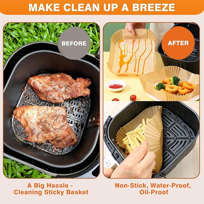 Air Fryer Paper Liners: 250Pcs Parchment Paper Sheets, Air Fryer Liner Disposable, Oilproof Waterproof Airfryer Basket Liner Square (6.5inch)