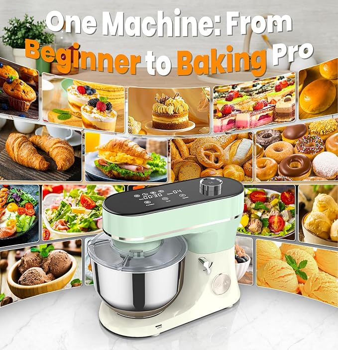 Stand Mixer 6QT Kitchen Mixer with LED Smart Touchscreen, 11-Speed Tilt-Head Mixer with Timer, 4 Preset Menus, Stainless Steel Bowl, Dough Hook, Whisk, Beater,Green