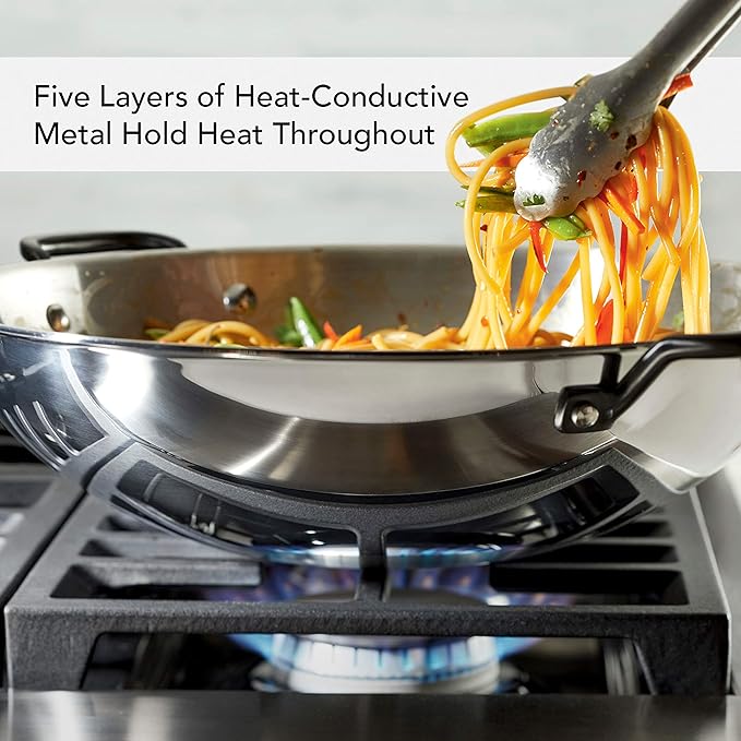 KitchenAid 5-Ply Clad Polished Stainless Steel Wok, Induction Compatible, Dishwasher Safe, 15 Inch Open Stir-Fry Pan