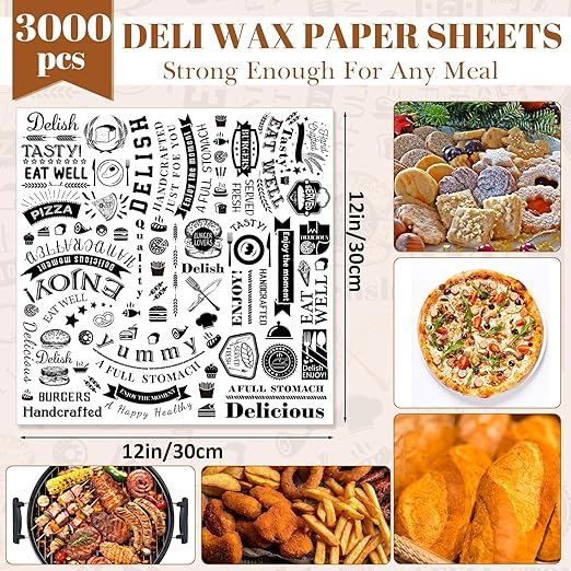 Outus 3000 Pcs 12 x 12 Inch Deli Wax Paper Sheets Grease Resistant Tray Basket Liners Newsprint Paper Water and Grease Proof Sandwich Wrapping Square Hot Dog Wrappers for Food Baking (White)