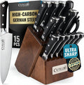 Cutluxe 15-Piece Knife Set – High Carbon German Steel Blades, Full Tang Design & Ergonomic Pakkawood Handles in Walnut Wood Block – Artisan Series