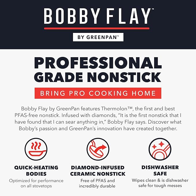 GreenPan x Bobby Flay 2 Piece- 8” and 10” Nonstick Frying Pan Skillet Set, PFAS-Free Diamond Ceramic, Induction Suitable, Stay-Cool Silicone Handle, Easy Clean Dishwasher & Oven Safe, Black