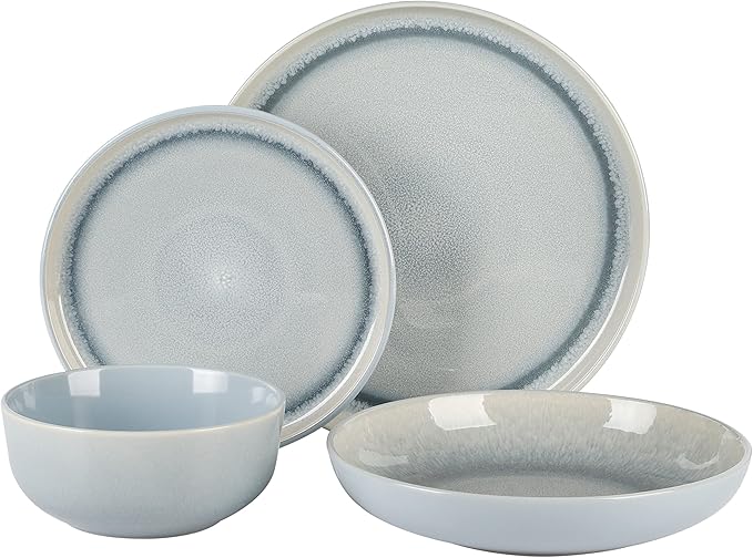 Gibson Elite Juno Moon 16-Piece Reactive Blue Double Bowl Dinnerware Set – Durable Stoneware Plates and Bowls