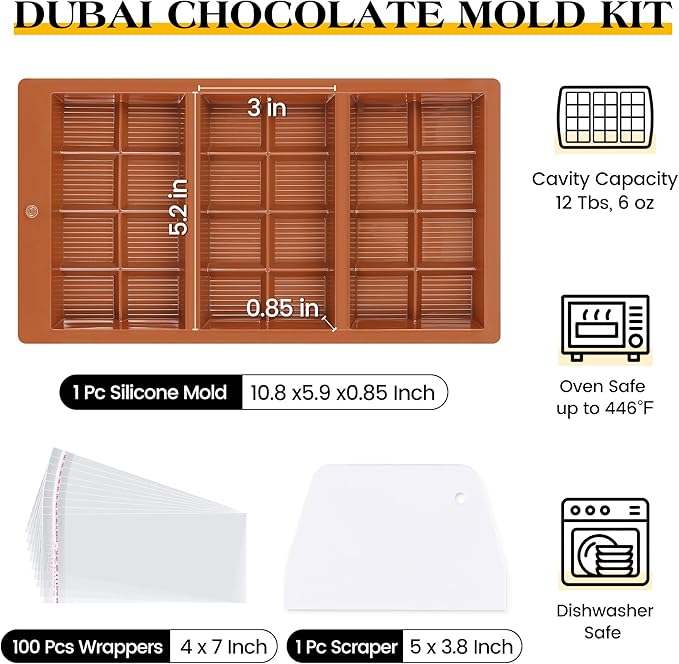 1 Pc Chocolate Bar Mold Deep Dubai 0.85 Inch Stuffed Large Chocolate Molds Silicone Break Apart Thick Silicone Molds for Candy Bar, With 100 Pcs Wrappers and 1 Pc Scrapers Set (8 Snap）
