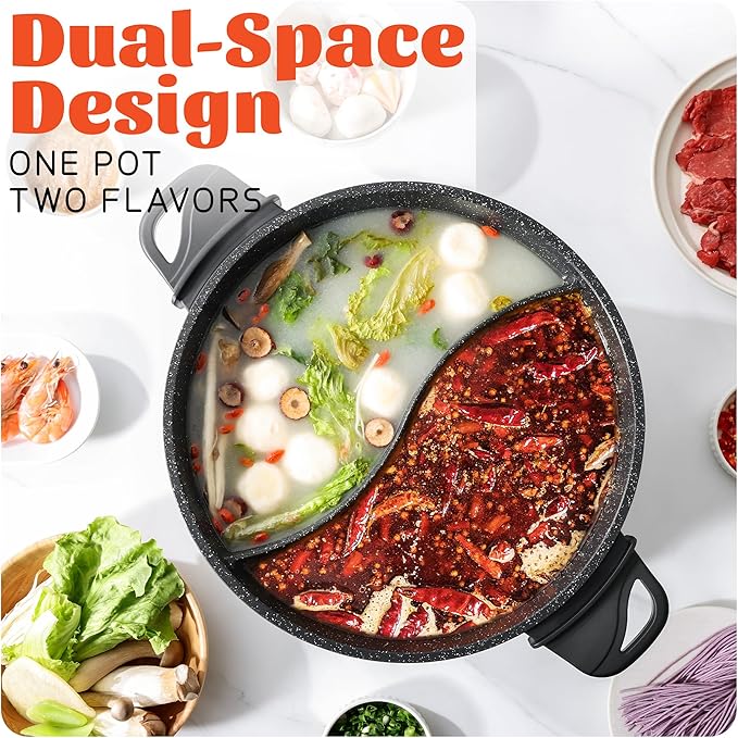 TWIN™ Electric Hot Pot with Divider | EvenHeat Cast Aluminum Non-Stick Pot for No-Spot Cooking | 1500W Fast Heating | 4.5QT Dual-Flavor Shabu Shabu Pot for Family Use | 1-Yr Warranty