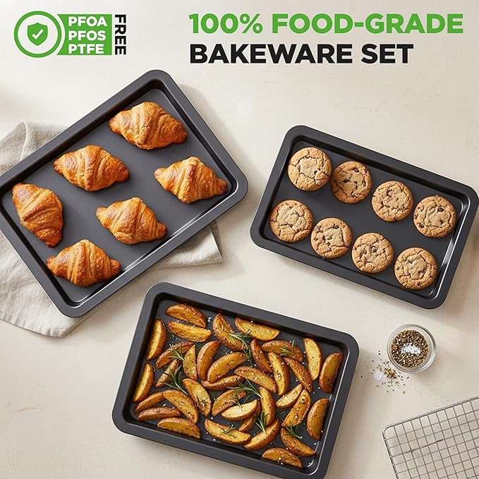 NutriChef 3-Piece Non-Stick Cookie Sheets for Baking - Heavy Duty Steel Baking Sheet Pans for Toasters & Oven - Small, Medium, & Large Size Baking Trays - PFOS, PFOA, PTFE-Free Nonstick Coating