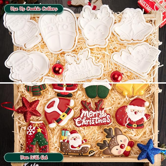 Flycalf Christmas Cookie Cutters Bell with Plunger Stamps Holiday PLA Baking Accessories Cutter Molds Gifts Decorative Party 3.5" Kitchen Cake Supplies