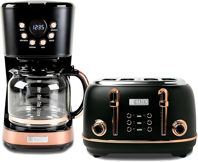 Haden Heritage 4 Slice Wide Slot Stainless Steel Toaster Bundled with 12 Cup Programmable Drip Coffee Maker Coffee Machine, Black & Copper