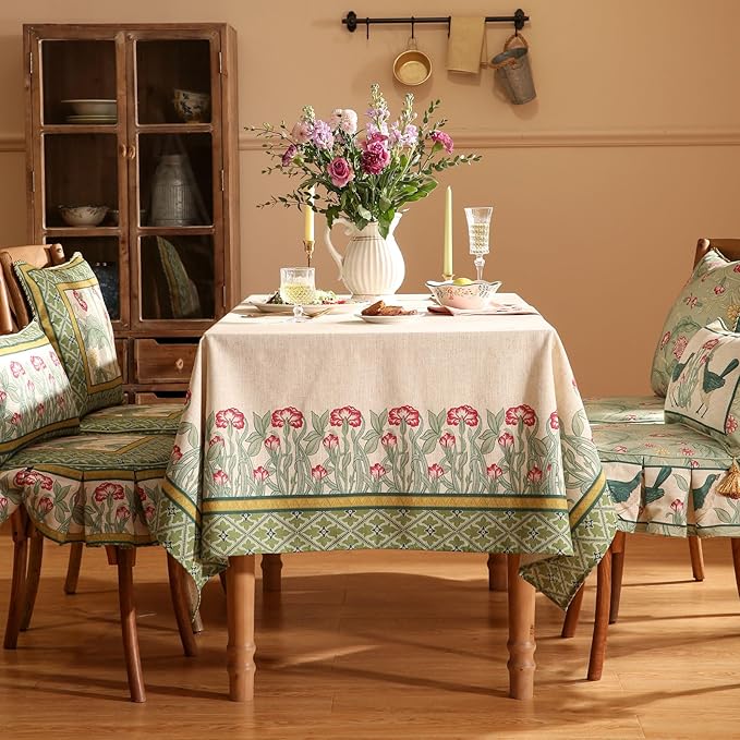 patdrea Designer Vintage Tablecloth for Rectangle Table,Green Linen Leaves Pattern Extra Long Table Cloth,Cover Decor for Kitchen Dining Christmas Thanksgiving,Tea Party,63"x110"-Cecilia D
