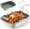 Roasting Pan, 17 Inch x 13 Inch Roaster with Removable Rack, Nonstick Roaster Pan for Roasting Turkey, Meat & Vegetables (Beige)