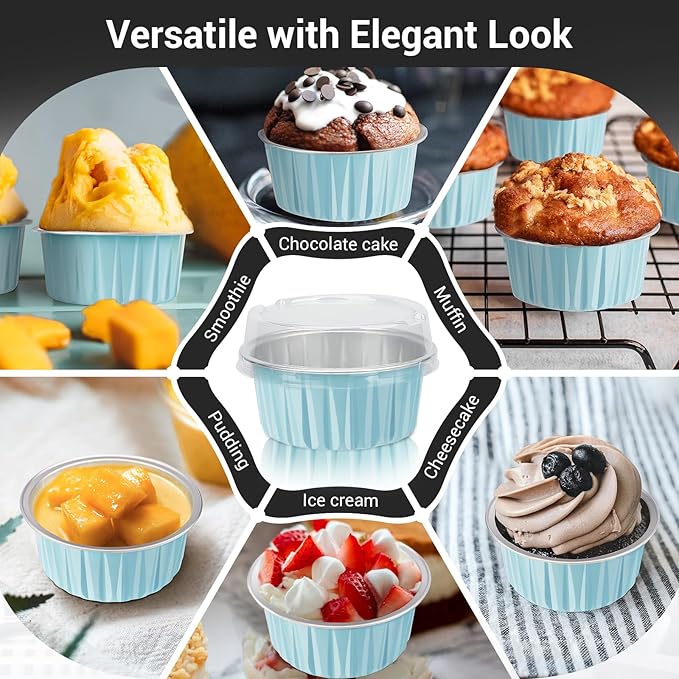 EUSOAR Aluminum Cups with Lids, 50pcs 5oz 125ml Foil Cupcake Baking Cups, Muffin Liners Cups with Lids, Disposable Foil Ramekins Pans, Aluminum Foil Cupcake Holders