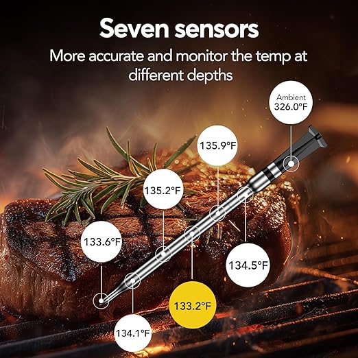 WiFi Sub-1g Wireless Meat Thermometer Unlimited Range, Check Temp Anywhere,7 NIST Certified Sensors with Ambient Temp Smart Digital Base,Monitor for BBQ, Grill,Oven, Smoker (1, Grey, Small)
