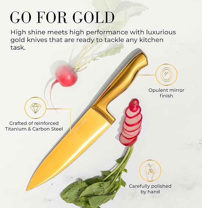 Styled Settings 14-Piece Knife Set with Block & Built-In Sharpener – Ultra-Sharp Full Tang Kitchen Knives – Premium Cooking & Prep Essentials, Gold Handle, Gold Blade & Black Block