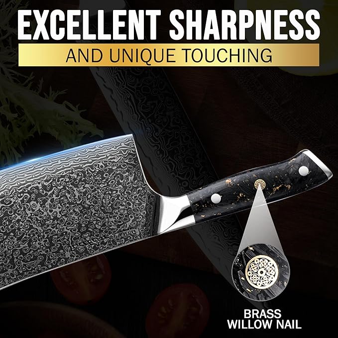 SliceElite Elite Series 7-Inch Damascus Bone Cutting Knife – VG10 Steel Blade with Forged Carbon Fiber Handle Infused with Gold Leaf, Sheaths Option (Bone Cutting Knife with Leather Sheath)