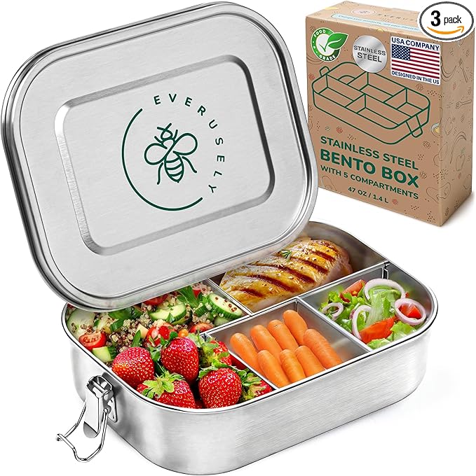 Everusely - Bento Box - Stainless Steel Lunch Box for Adults - 47 oz, 1.4 L - 5 Compartment Snack Container with Removable Silicone Seal & Secure Lock Clips - Leakproof & Dishwasher Safe