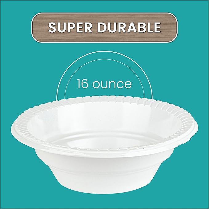 PLASTICPRO Round Plastic Bowls Microwaveable, Disposable, White, Dinnerware (100, 16 ounce)