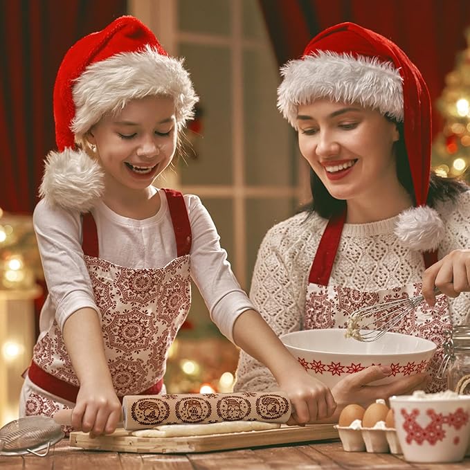 17" Premium Wooden Rolling Pins for Baking with Gnome Embossed Designs | 3mm Deep Springerle Cookie Molds | Christmas Rolling Pin & Baking Gifts for Women | Includes 3-in-1 Cleaning Brush