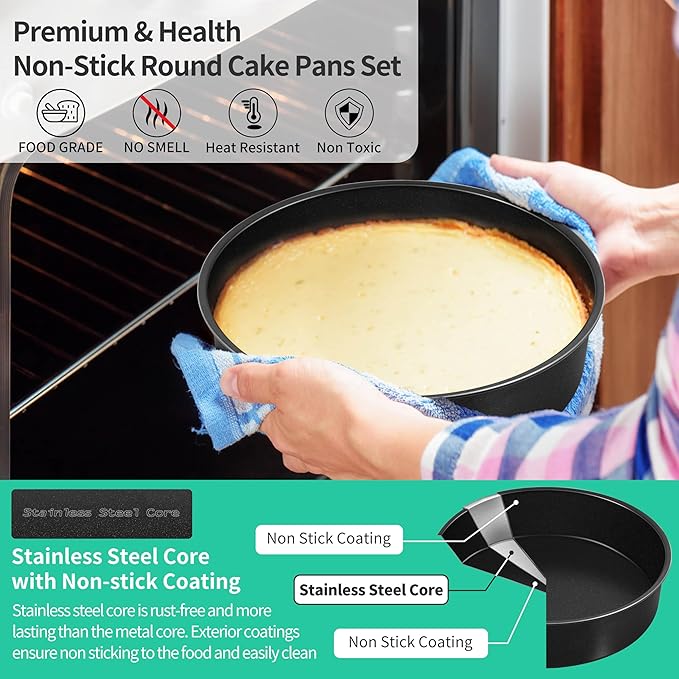 P&P CHEF Non-stick Cake Pan Set 4, 9.5 Inch Round Baking Cake Pans Tins for Tier Smash Cakes, Non-Toxic & Solid, Stainless Steel Core & Leak-Proof, 4Pcs