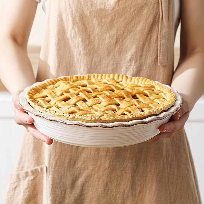 Frewinky Ceramic Pie Pan for Baking, 9 inch Pie Dish with Ruffled Edge, Nonstick Deep Pie Plate, Farmhouse Decor Quiche Tart Baking Dish for Thanksgiving, Microwave & Oven Safe, Set of 1