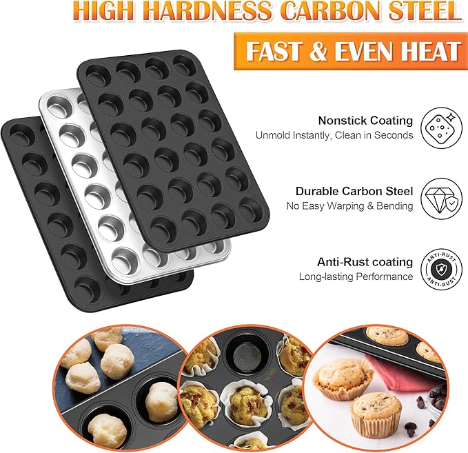 E-far 2 Pack Mini Muffin Pan - Nonstick 24-Cup Carbon Steel Cupcake Tin Tray for Little Bites & Freezer Prep | Warp-Free Bakeware Ensures Even Baking & Effortless Release, Regular Size & Oven Safe