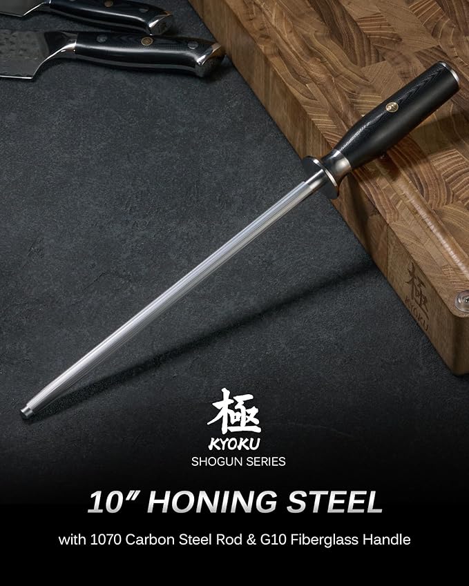 KYOKU 10 in. Honing Steel, Shogun Series Honing Rod with G10 Fiberglass Handle & Metal Hand Guard, Full Tang Knife Sharpener Rod, Sharpening Steel Knife Sharpener for Rolled Knife Edges with Gift Box