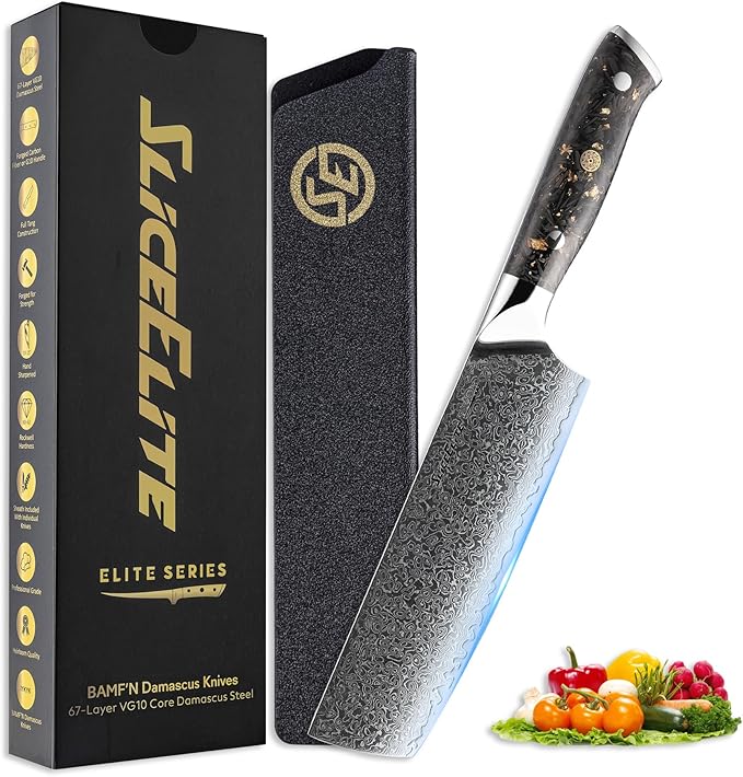 SliceElite Elite Series 7 Inch Nakiri Knife Damascus VG10 Core Forged Carbon Fiber Handle Polymer Guard Japanese Chef Vegetable Chopping Cleaver Kitchen Knife Sharp Cutting Cooking Tomato Butcher Tool