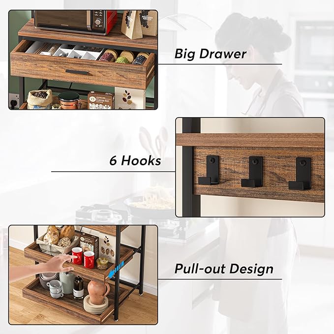 Tribesigns Kitchen Bakers Rack with Power Outlets, 5-Tier Microwave Oven Stand with Drawer and Sliding Shelves, Freestanding Coffee Bar, Kitchen Storage Shelf with 6 Hooks, Rustic Brown