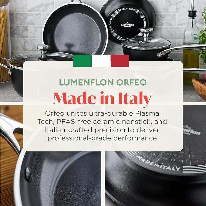 Orfeo 10 Piece Nonstick Cookware Set, Made in Italy, Diamond Ceramic PFAS-Free Pots & Pans, Induction Ready, Scratch Resistant, Laser-Fused Surface for Durability, Dishwasher Safe, Black