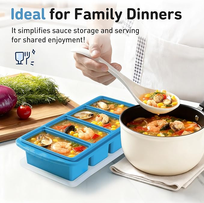 Silicone Freezer Tray with Lid Soup Freezer Container Molds with Steel Reinforced Rim for Freezing Soup Sauce Broth Leftovers large Ice Cube Molds Oven Dishwasher Safe Ice Trays for Freezer with Bin
