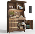 STO'SENSE 72’’ Kitchen Pantry Cabinet w/Power Outlets, Tall Storage Cabinet w/LED Light, FILP-up Door & Pegboard, Freestanding Kitchen Hutch w/Drawers, Solid Wood Handles (Walnut)