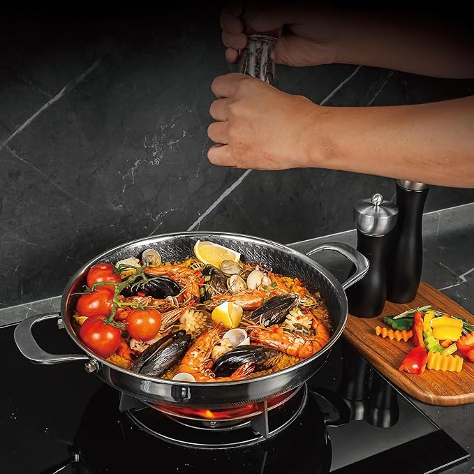 Hybrid Nonstick Skillet with Lid 13 Inch, Stainless Steel Paella Pan with Two Handles Multi-Functional Pan Dishwasher and Oven Safe
