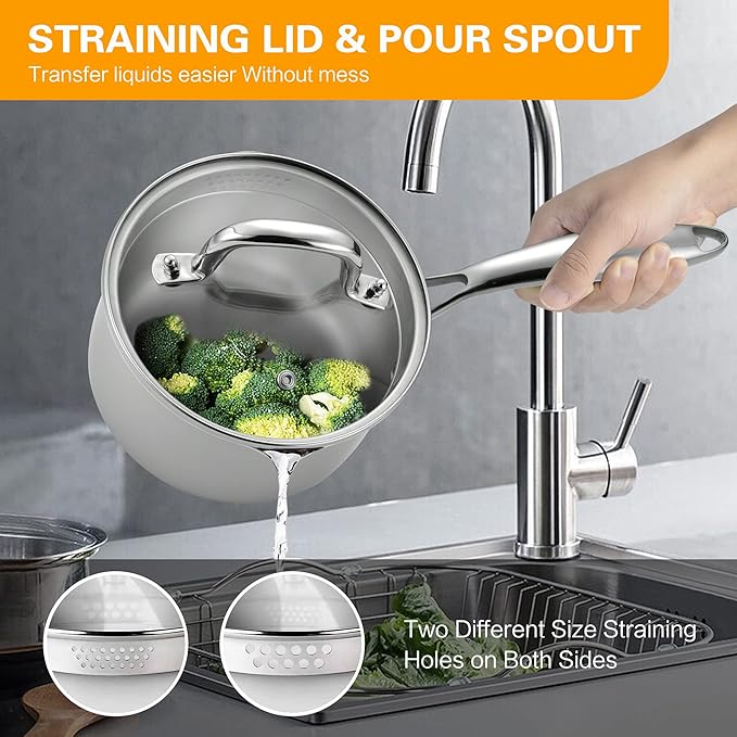 Stainless Steel Saucepan with Glass Lid, 3.5 Quart Multipurpose Sauce Pan, Sauce Pot - for Easy Pour with Ergonomic Handle