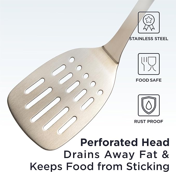 Deiss PRO Kitchen Grill Spatula Stainless Steel Heavy Duty Slotted Turner - 14.4" Metal Spatula for Cooking, Grilling Spatula, Easy Grip Handle, Slotted Design, Easy to Clean