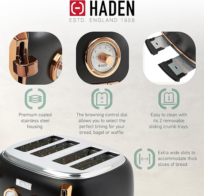Haden Dorset 4 Slice Wide Slot Stainless Steel Toaster with Adjustable Browning Control & Non-Slip Feet, Black & Copper
