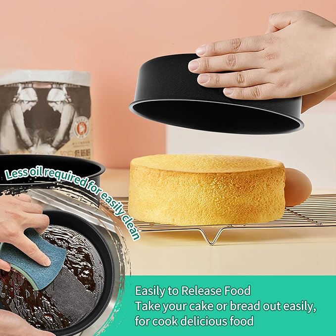 P&P CHEF Non-stick Cake Pan Set of 4, 8 Inch Round Baking Cake Pans Tins for Tier Smash Cakes, Non-Toxic & Solid, Stainless Steel Core & Leak-Proof, 4Pcs