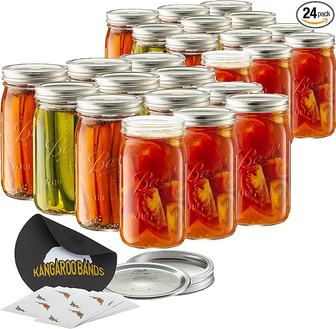 Wide Mouth Mason Jars 32 oz (Quart) Mason Jars with Lids and Bands (24-Pack) bundled With, KangarooBands Jar Opener, and Package Of Jar Labels | Canning, Fermenting, Pickling, DIY Decors Projects