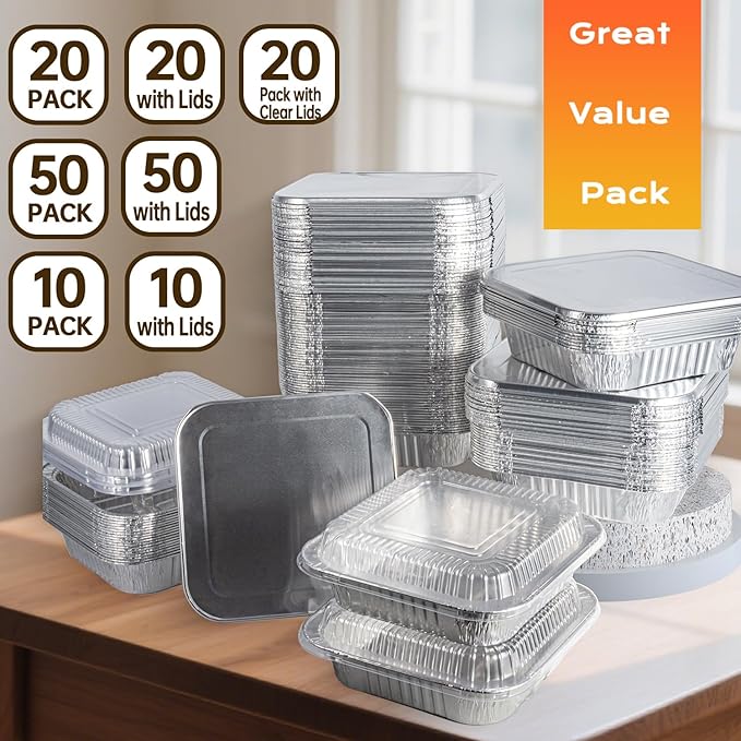8x8 Aluminum Pans with Clear Lids - 20 Pack Disposable Baking Pans, Heavy Duty Tin Foil Trays for Cake Baking, Cooking, Heating, Storing, Prepping Food