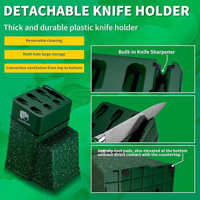 FULLHI 14pcs Block Knife Set, Chef's Knife Steak Knives Set with Block and Sharpener, Kitchen Knife Set, Multi-colour Handle, Gifts for Men Women