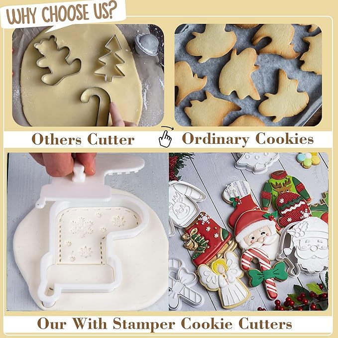 Flycalf Christmas Cookie Cutters Xmas Tree Shapes with Plunger Stamps Holiday PLA Baking Accessories Cutter Molds Gifts Decorative Party 3" Kitchen Cake Supplies