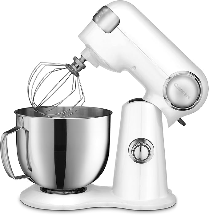 Cuisinart Stand Mixer, 12 Speed, 5.5 Quart Stainless Steel Bowl, Chef’s Whisk, Mixing Paddle, Dough Hook, Splash Guard w/ Pour Spout, White Linen, SM-50, Manual