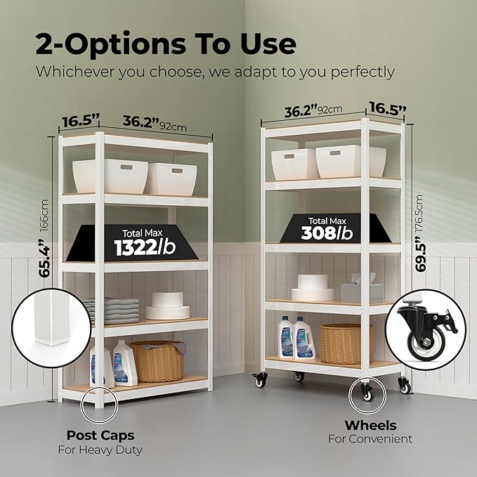 HOMEDANT House White 5-Tier Metal Rolling Cart Shelf Rack Casters Heavy Duty Wheel Shelving Unit Adjustable Utility Storage Shelves Organizer Shelf Kitchen Garage 36.2" W x 16.5" D x 69.5" H 4Pack