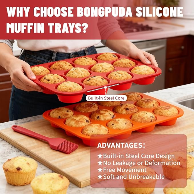 Silicone Muffin Pan with Metal Reinforced Frame,2 Pcs 2.9" Regular Size 12 Cups Egg Bite Mold,Non-Stick,Easy Release,For Egg Muffins, Cupcakes, Large Muffins,Cheesecakes(Orange + Red)