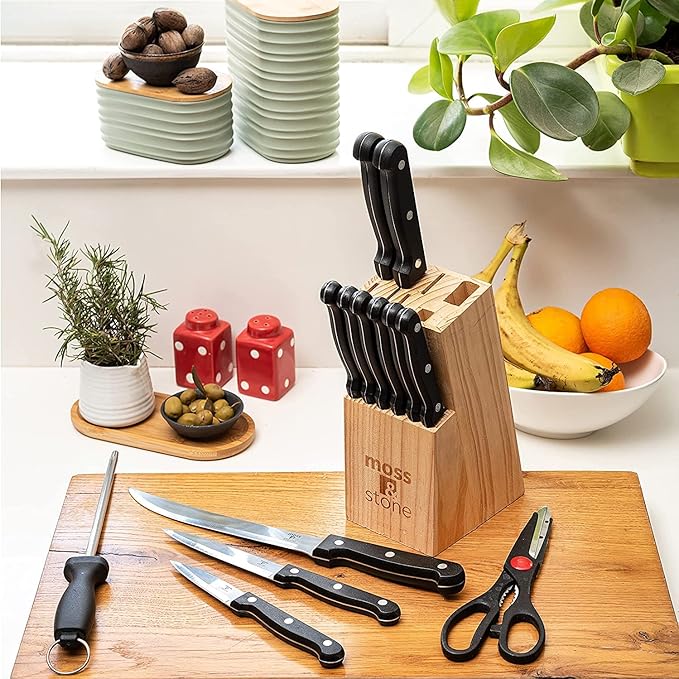 Moss & Stone 14 Pcs Knife Block Set Stainless Steel, Premium Forged Kitchen Knives Set with High-Carbon Blades, Ergonomic Handle, Sharp Blade, Rust Resistant, Modern Style for Home & Chef, Black