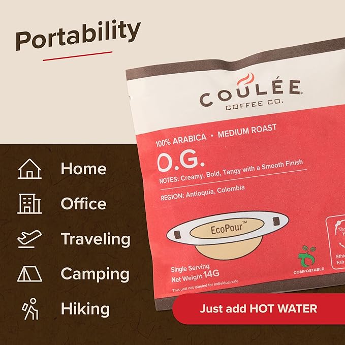 Coulée EcoPour O.G. Coffee, All Paper Single Serve Colombian Coffee, Medium Roast, Use for Camping or Traveling, Pre Filled Compostable Filters, Ready to Brew with Hot Water, Plastic Free, 10 Pack