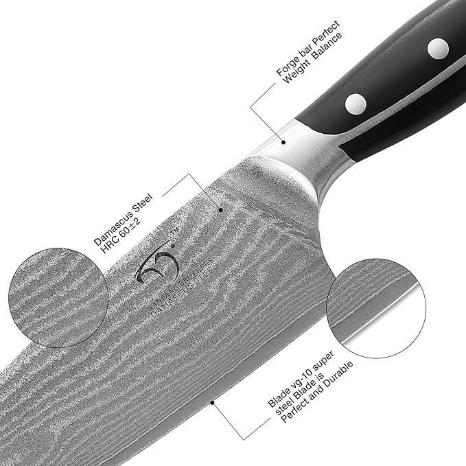 Damascus Kitchen Knife Set with Block - Razor Sharp 67-Layer VG10 Steel, Triple Rivet Handles, Chef, Santoku, Utility, Bread & Paring Knives, Sharpener, Shears, Grey, 9 Pcs