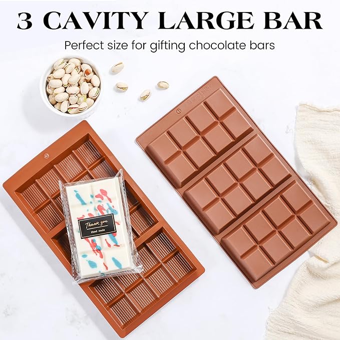 1 Pc Chocolate Bar Mold Deep Dubai 0.85 Inch Stuffed Large Chocolate Molds Silicone Break Apart Thick Silicone Molds for Candy Bar, With 100 Pcs Wrappers and 1 Pc Scrapers Set (8 Snap）