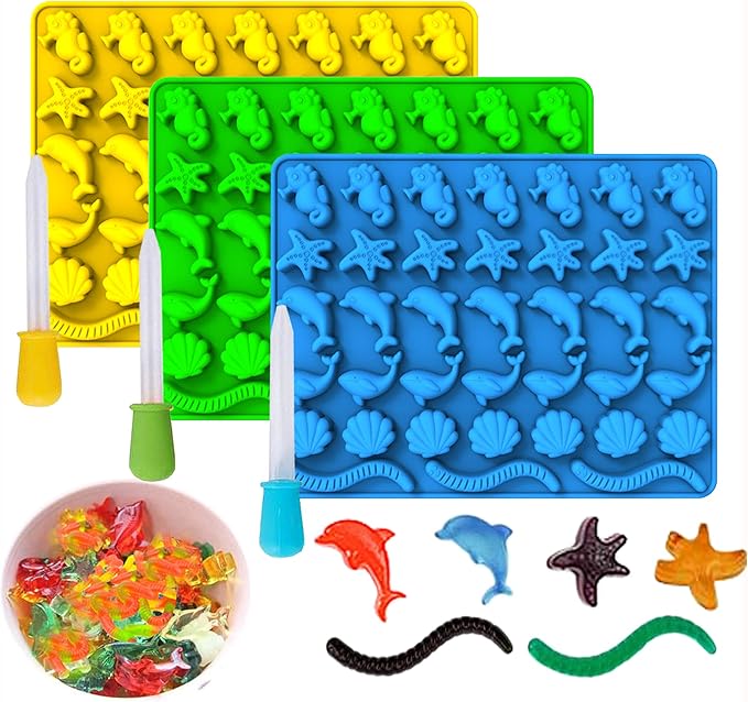 KRLIFCSL Mini Gummy Ocean Animals Silicone Candy Molds Including Hippocampus, Starfishs, Dolphins, Whales, Shells, Worms, for Making Gummies, Chocolates, Vitamin Candy, Pack of 3. (Mini Sea Animal)