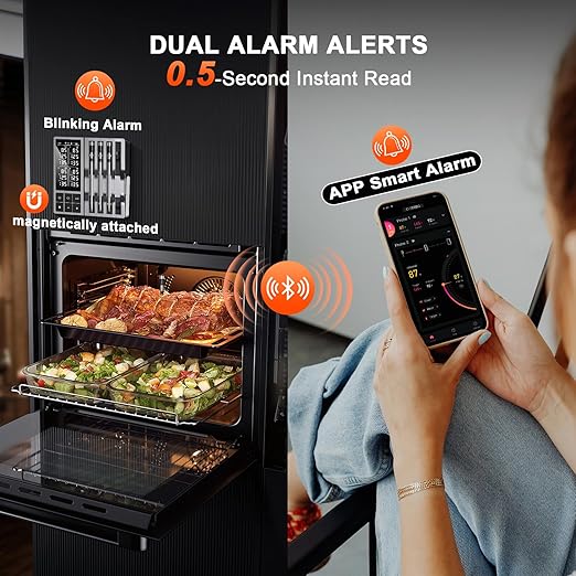 Wireless Meat Thermometer with Smart Timer & APP Alerts, 800ft Bluetooth Grill Food Thermometer, 4 X 0.19In Ultra Thin Probes, ±0.5℉ Accuracy, Big Digital Backlit Screen, for BBQ, Oven, Smoker