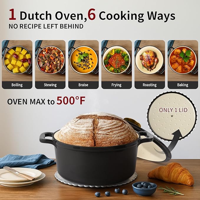 Enamel Cast Iron Dutch Oven with Lid, Round Casserole Pot for Bread Baking, Braising, Roasting, and Stews, Heavy-Duty, Oven Safe, Induction Compatible (4.7QT,Grey)