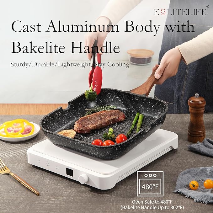 ESLITE LIFE 11 Inch Nonstick Grill Pan with Lid for Indoor Cooking, Versatile Induction Square Large Grilling Skillet Steak Pan for Stove Tops, PTFE & PFOA Free, Black